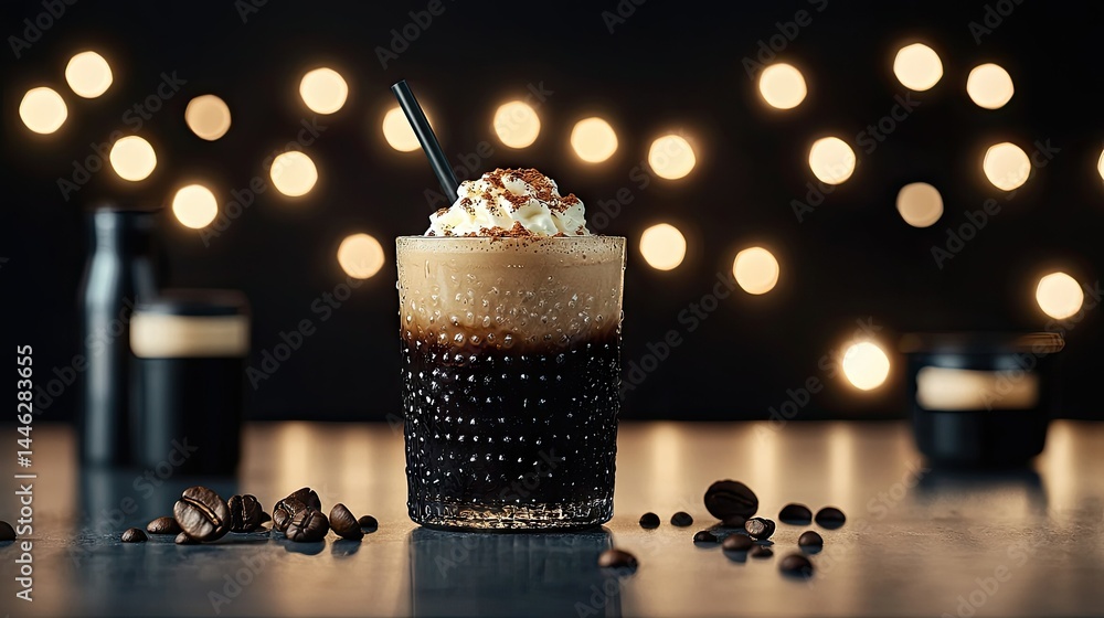 A Cold Coffee Drink With Whipped Cream And Decorations