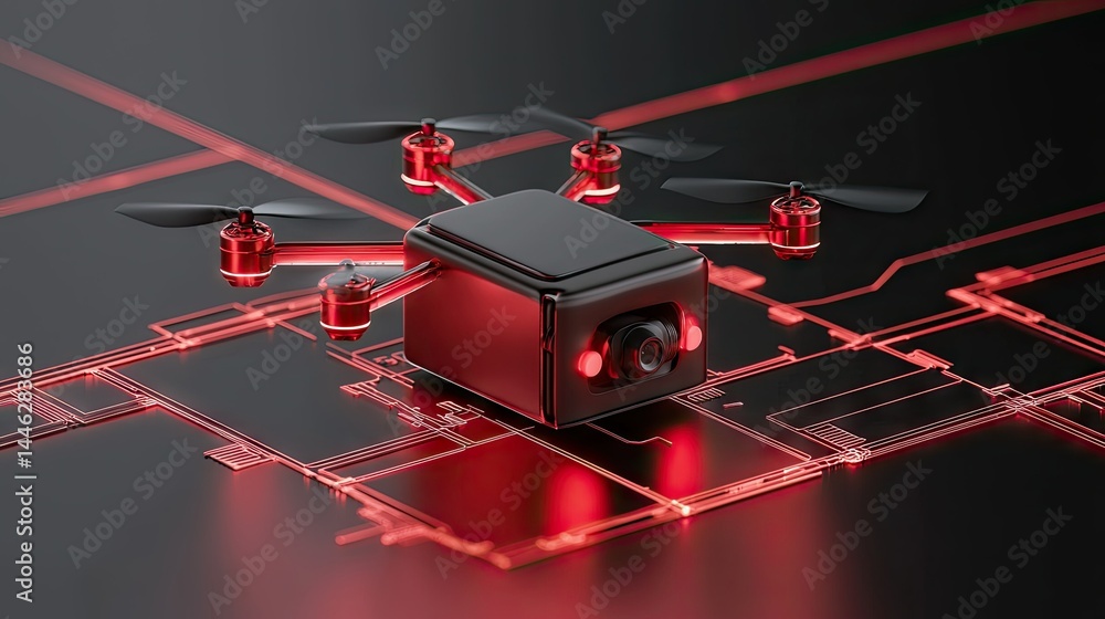 A futuristic drone hovering above a circuit board pattern with lights