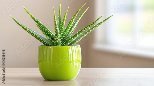 Obraz na płótnie An aloe plant thriving in a shiny green decorative ceramic pot w salonie
