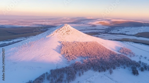 Snowy mountain peak covered in trees illuminated by golden light