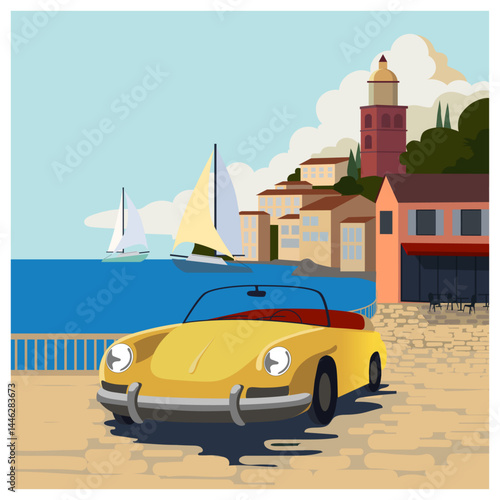 Vintage Yellow Convertible by Seaside Town – Coastal Summer Vector Illustration