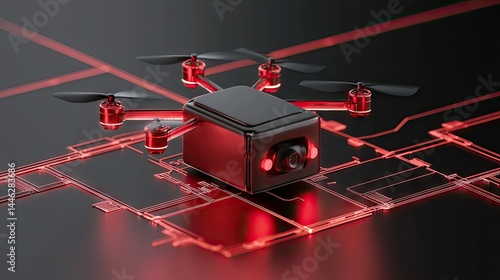 A futuristic drone hovering above a circuit board pattern with lights