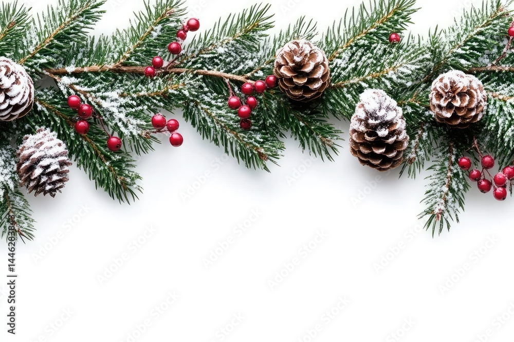 Snowy Pine Branches with Cones and Red Berries Holiday Decoration on White Backdrop Snowy Pine Branches with Cones and Red Berries Holiday Decoration on White Backdrop