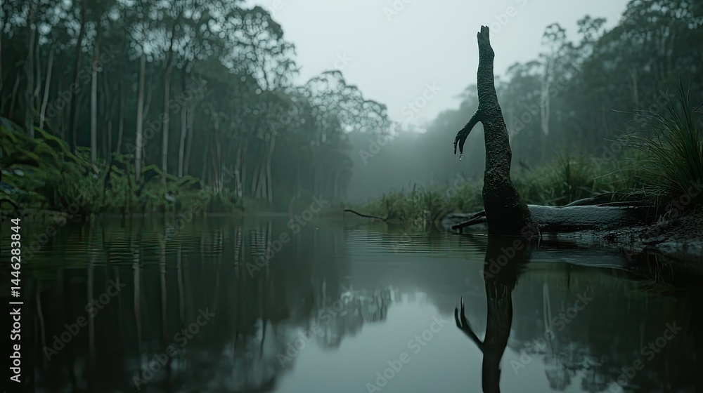 Calm river reflecting forest and a singular dead tree