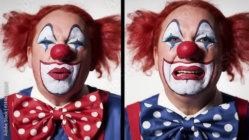 Clown laughing, two consecutive scenes of a circus clown transitioning from joyful laughter to silent tears, realistic facial expressions.