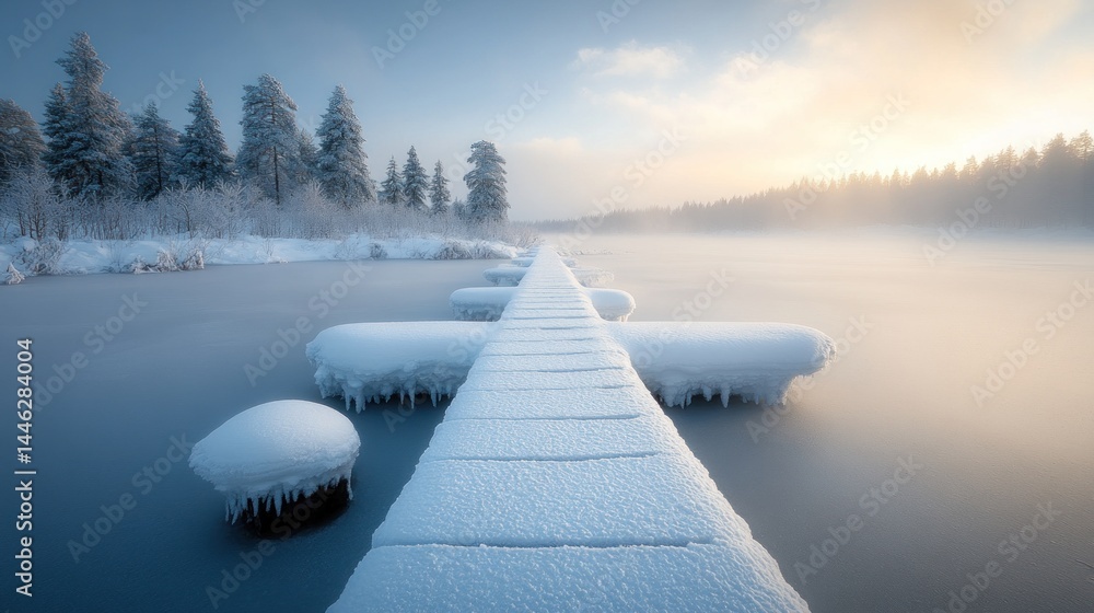 Wooden pier covered with fresh snow on a frozen lake