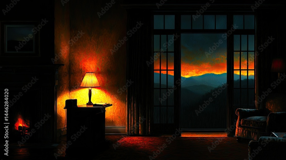 A warmly lit room at dusk with a mountain view