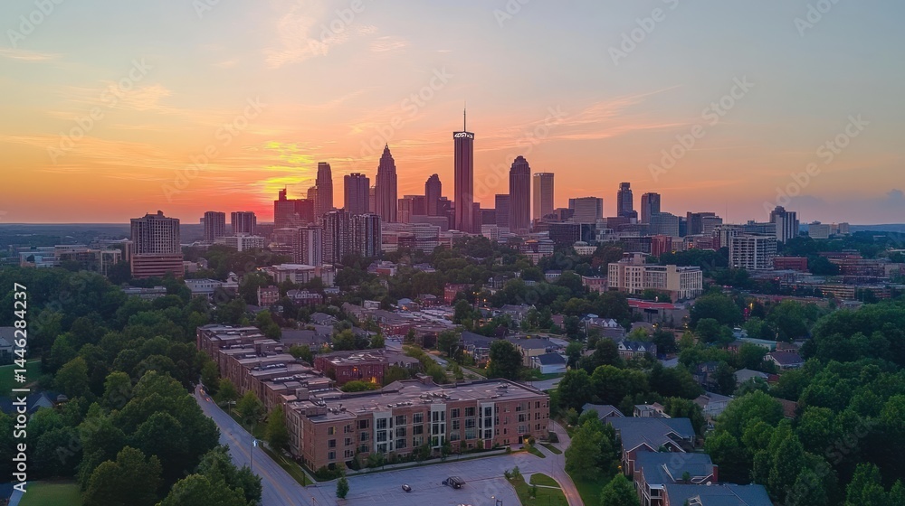 Charlotte skyline glows during a vibrant orange sunset atmosphere
