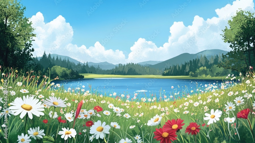 A picturesque landscape featuring a serene lake and wildflowers
