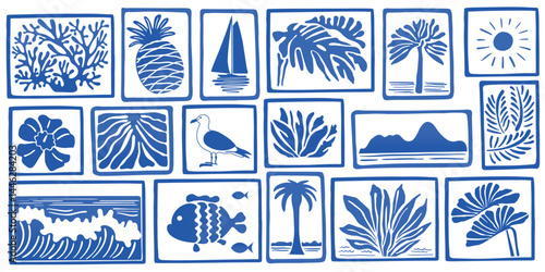 Retro hand drawn caribbean summer vacation seamless pattern with palms, sun, yacht, seagull and sea waves. Traditional patchwork style background illustration. Vintage textile print, fine art texture.