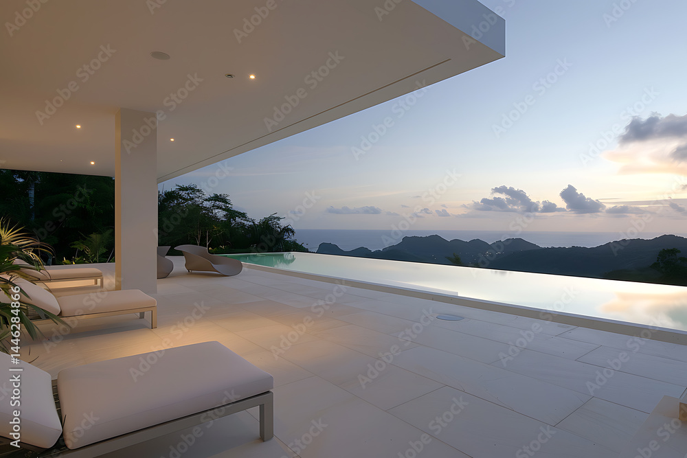 Fototapeta premium luxury outdoor terrace, luxurious terrace with infinity pool, elegant lounge furniture, tropical plants, and sunset glow, in premium resort villa style