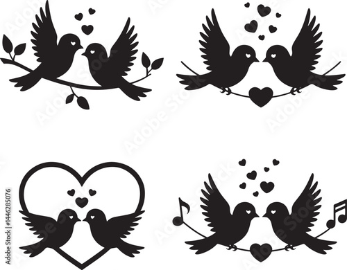 Lovebirds silhouette set vector illustration isolated On Transparent Background