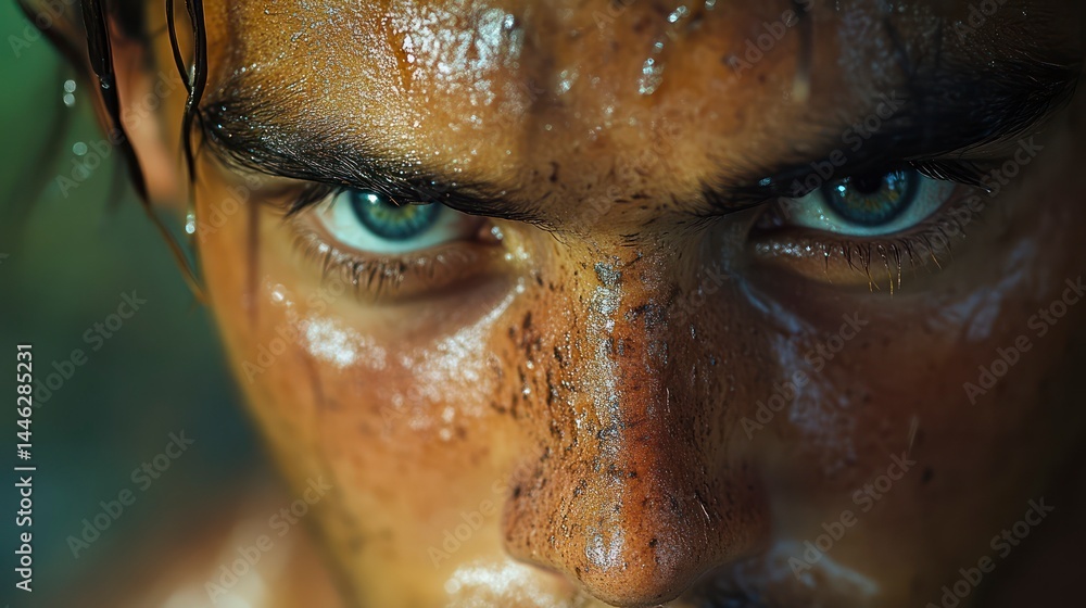 Intense Gaze CloseUp of Eyes with Sweat and Dirt Emotionally Charged Human Expression for Sp Intense Gaze CloseUp of Eyes with Sweat and Dirt Emotionally Charged Human Expression for Sp