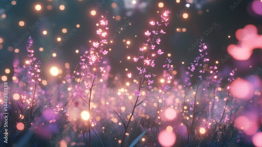 Ethereal field of purple flowers illuminated by glowing orbs