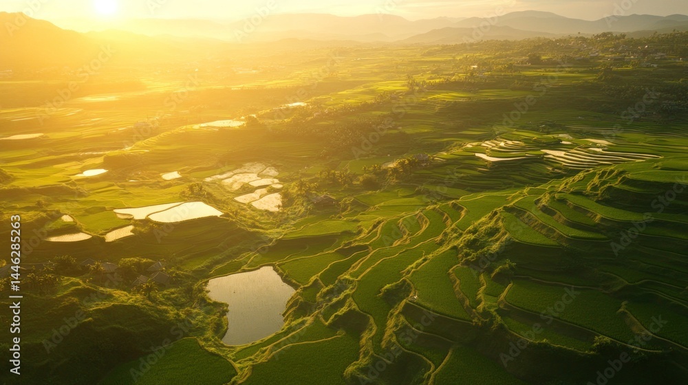 Lush green rice terraces cascade down the mountainside at sunset