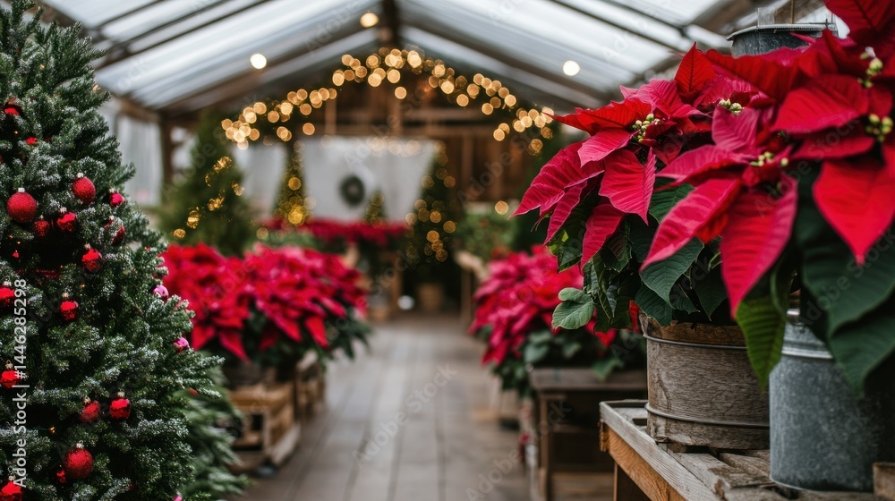 Greenhouse filled with christmas poinsettias and trees for the holidays