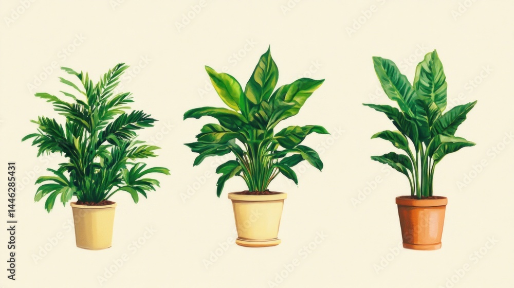 Three different potted plants with lush green foliage