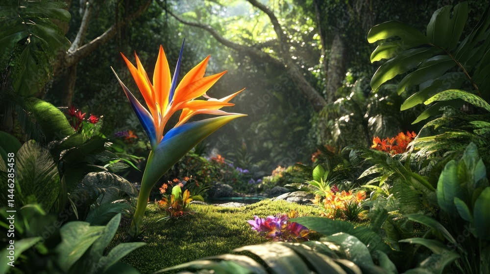 Bird of paradise flower blooming in lush tropical forest