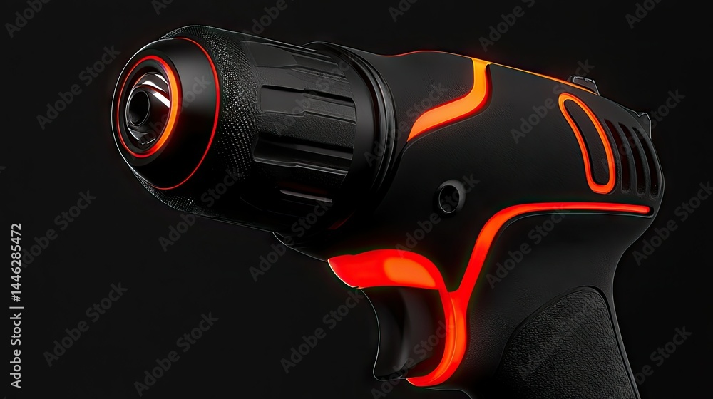 A close up of a futuristic black and orange drill