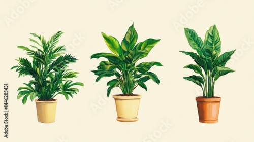 Obraz na płótnie Three different potted plants with lush green foliage w salonie