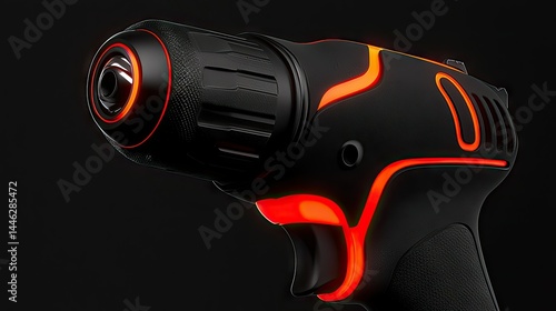 A close up of a futuristic black and orange drill