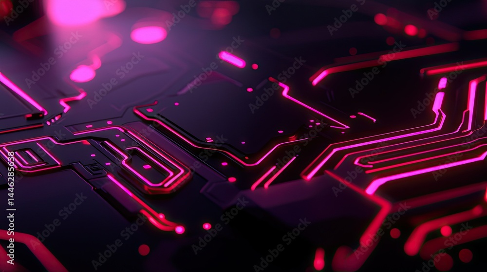 Close up view of a neon pink circuit board structure