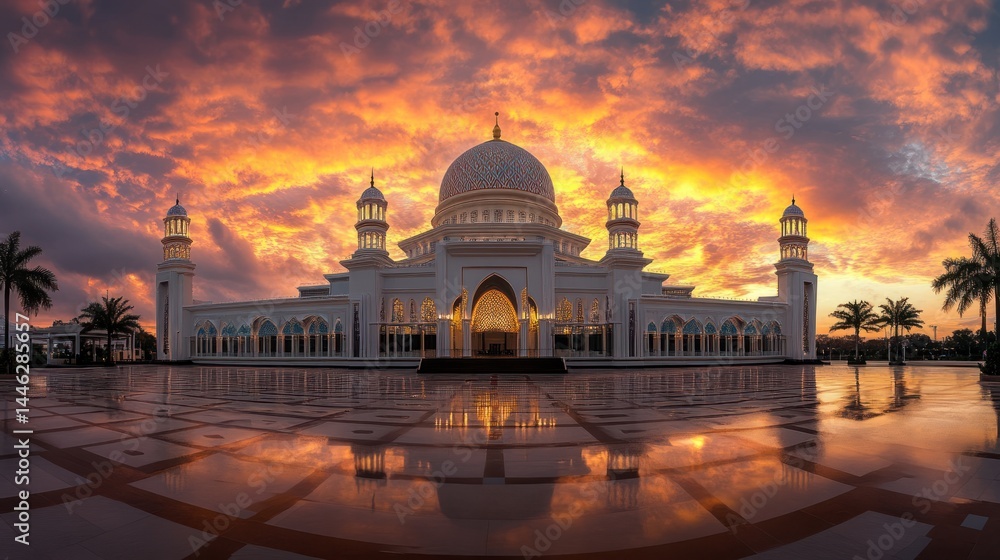 Kota Kinabalu City Mosque glows under a beautiful sunset