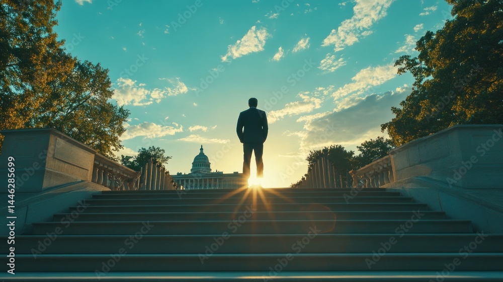 Silhouette of a man facing the capitol building at sunset