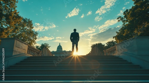 Obraz na płótnie Silhouette of a man facing the capitol building at sunset w salonie