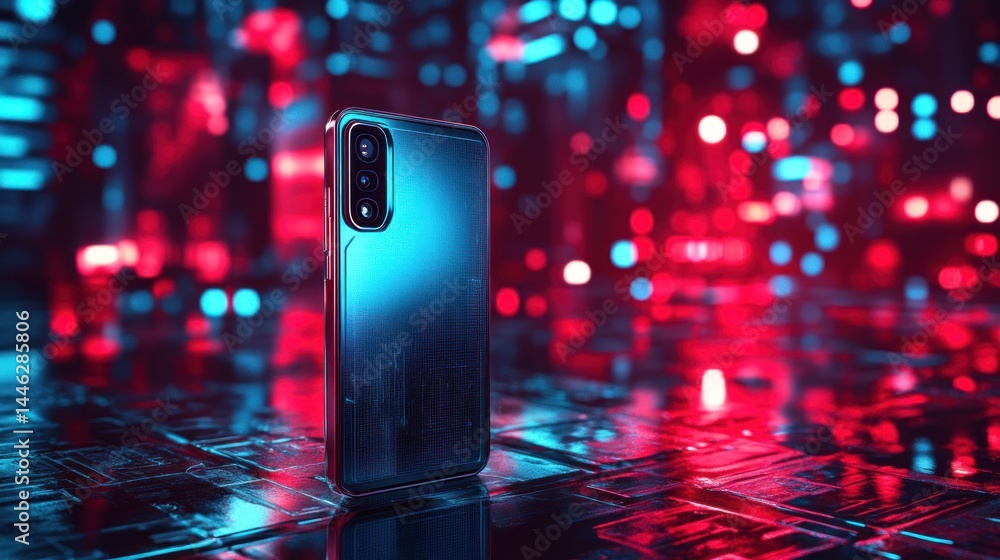 Sleek smartphone standing against a vibrant bokeh background