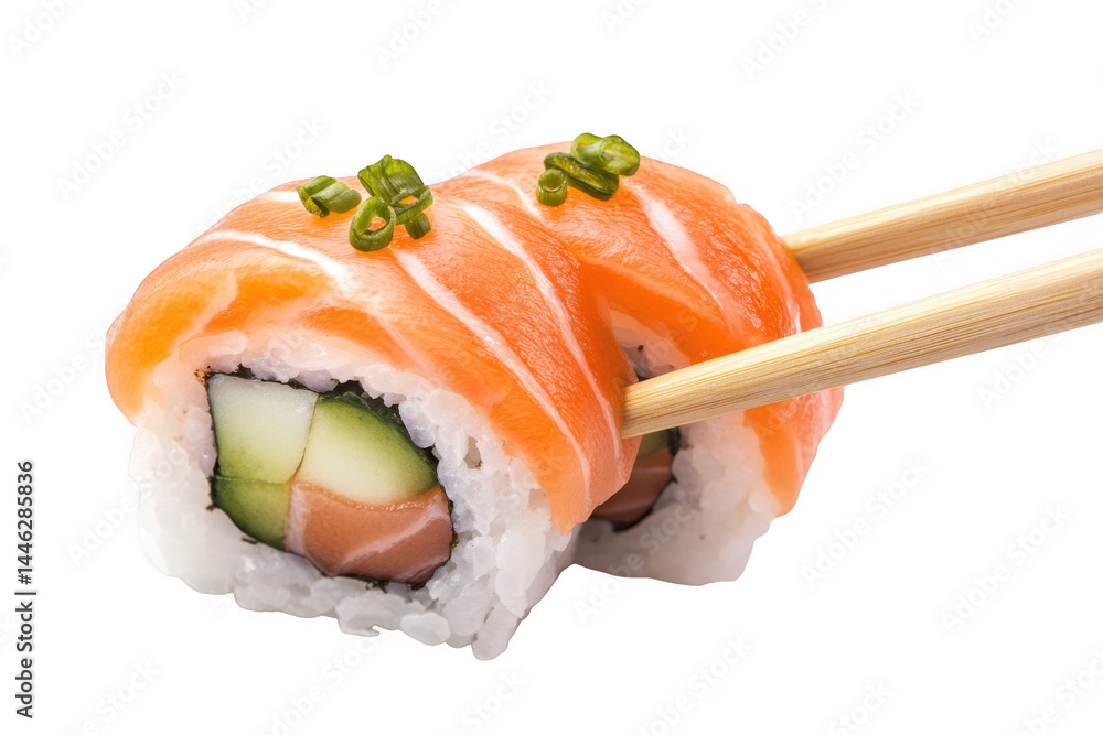 Salmon sushi roll with chopsticks on transparent background Salmon sushi roll with chopsticks on transparent background