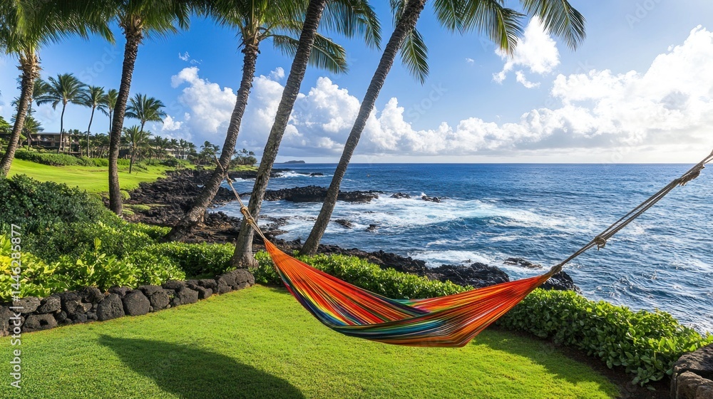 Relaxing hammock between palm trees overlooking the ocean view