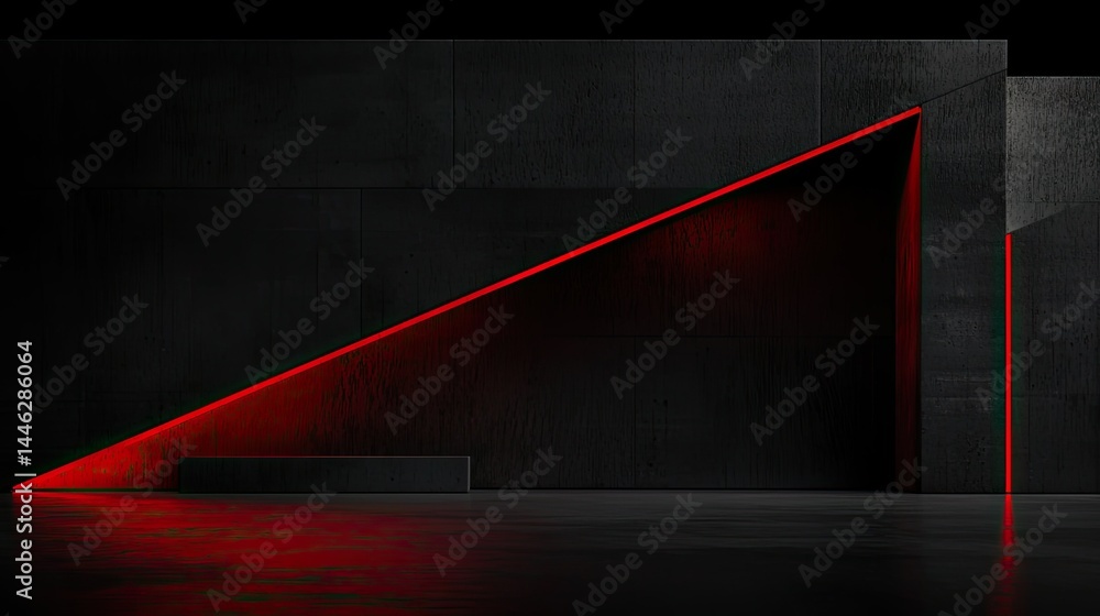 Red light illuminates an abstract architectural minimalist composition
