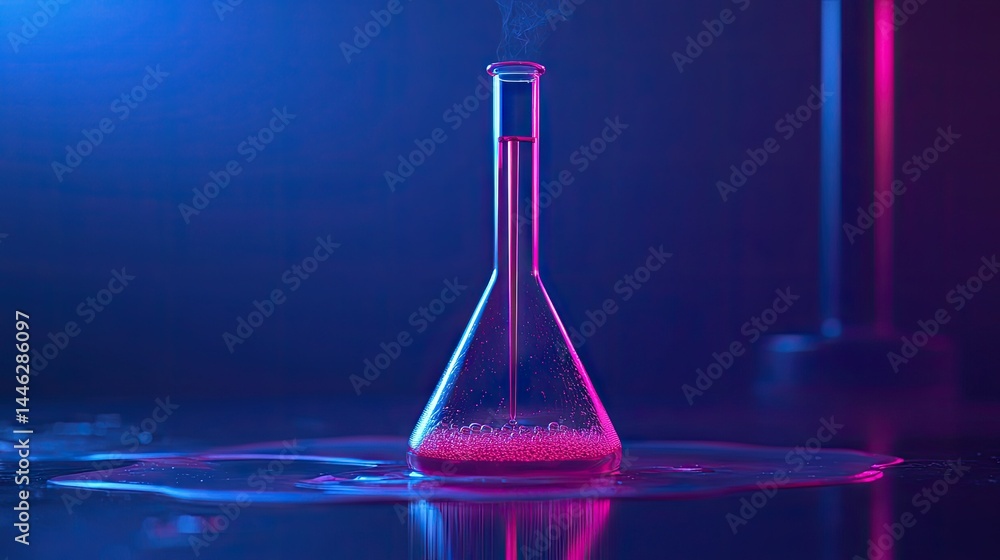 A glass flask reacting with liquid and emitting visible vapor