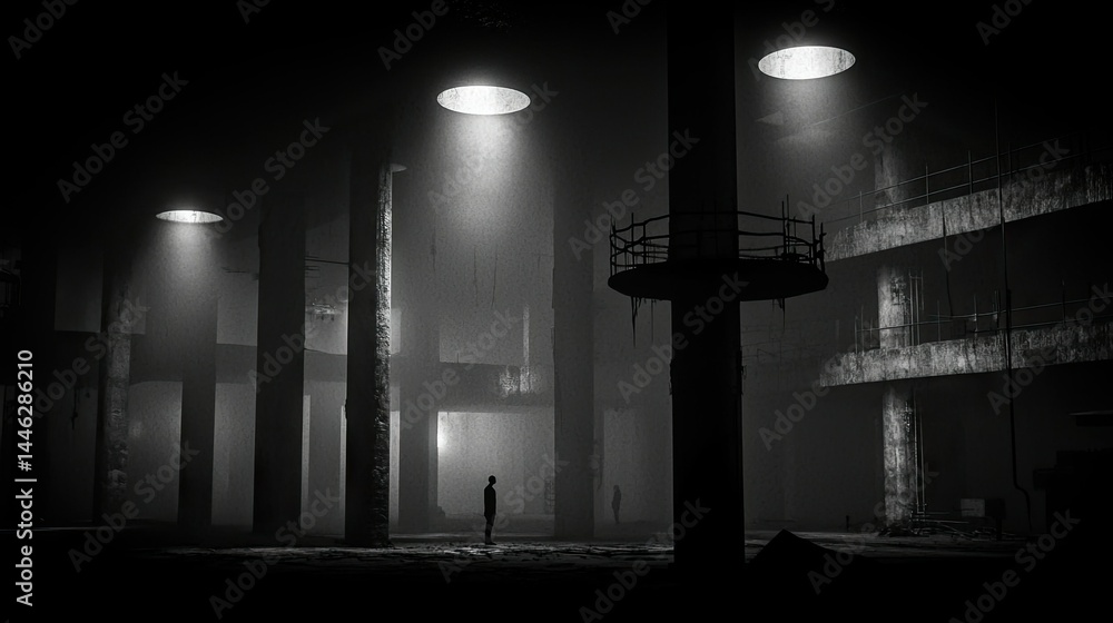 A grayscale image showing a desolate industrial interior space