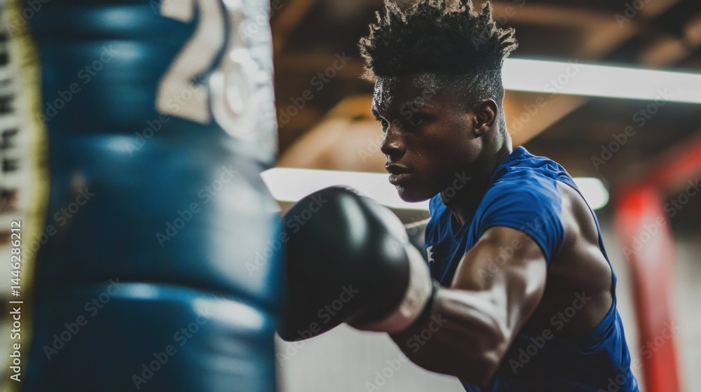 Focused boxer trains hard with a blue punching bag