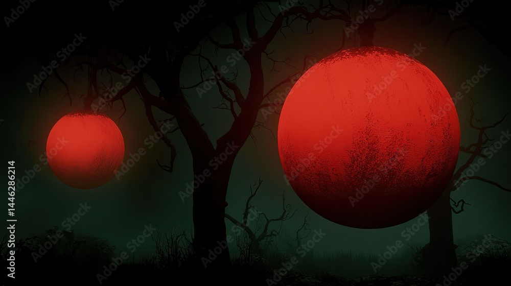 Two red glowing spheres hanging from the dark bare trees