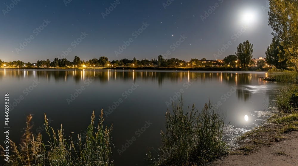 A tranquil lake reflects the moonlight under a starry sky