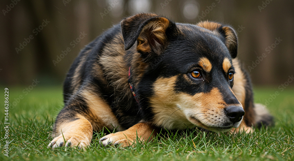 Contemplative canine resting peacefully on verdant grass lawn outdoors Contemplative canine resting peacefully on verdant grass lawn outdoors