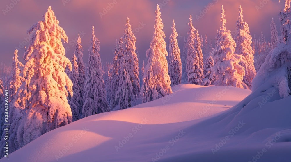 Snow covered trees glow with pink light at sunset