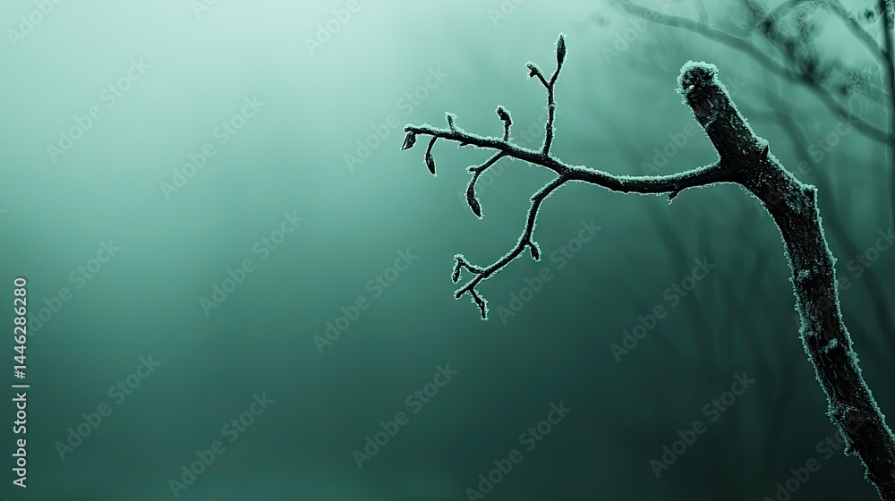 Frozen branches of a tree against a blurred teal background