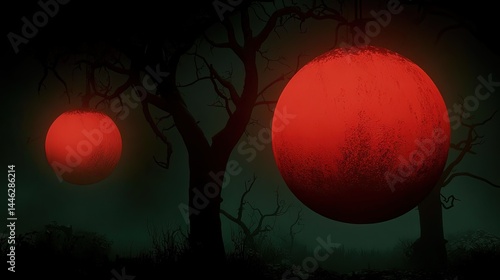 Obraz na płótnie Two red glowing spheres hanging from the dark bare trees w salonie