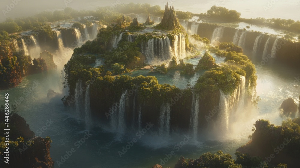 Majestic island city features layered waterfalls and lush vegetation