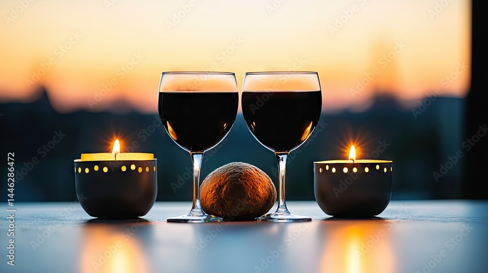 Two Wine Glasses and Lit Candles Enjoying a Sunset Atmosphere