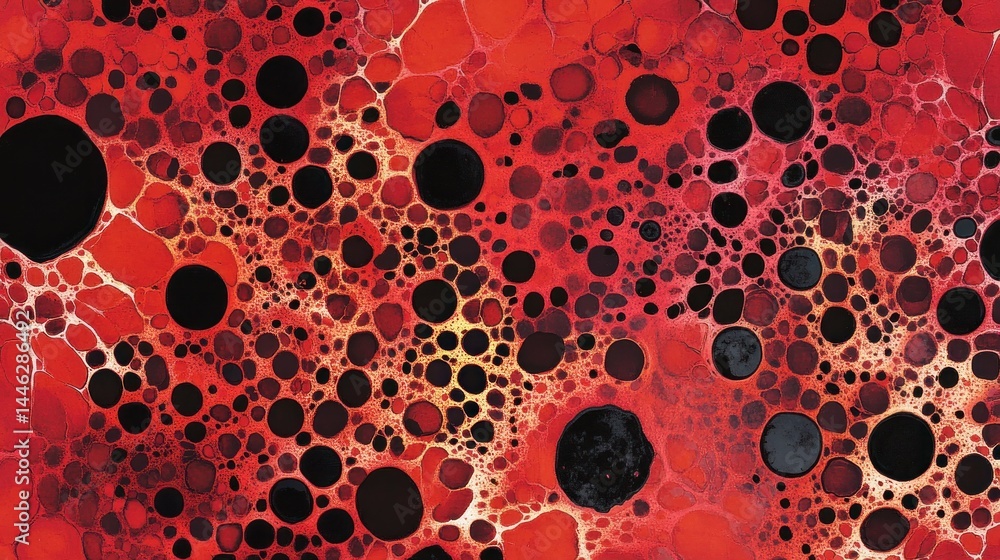 Abstract art features red background with black circular patterns