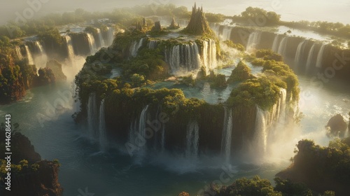 Obraz na płótnie Majestic island city features layered waterfalls and lush vegetation w salonie
