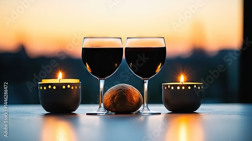 Two Wine Glasses and Lit Candles Enjoying a Sunset Atmosphere