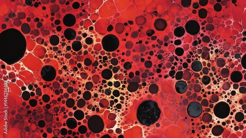 Obraz na płótnie Abstract art features red background with black circular patterns w salonie