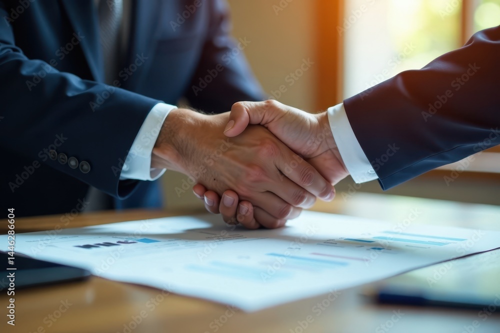 Hands shaking on contract over financial documents, finance, signature Hands shaking on contract over financial documents, finance, signature