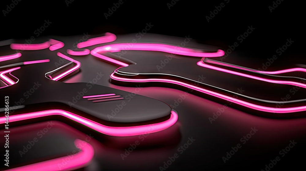 Abstract geometric shapes with pink neon lighting against a black backdrop